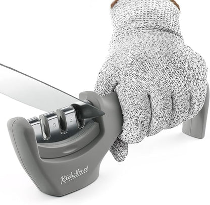 4-in-1 Kitchen Knife Accessories: 3-Stage Knife Sharpener Helps Repair, Restore and Polish Blades and Cut-Resistant Glove by KITCHELLENCE