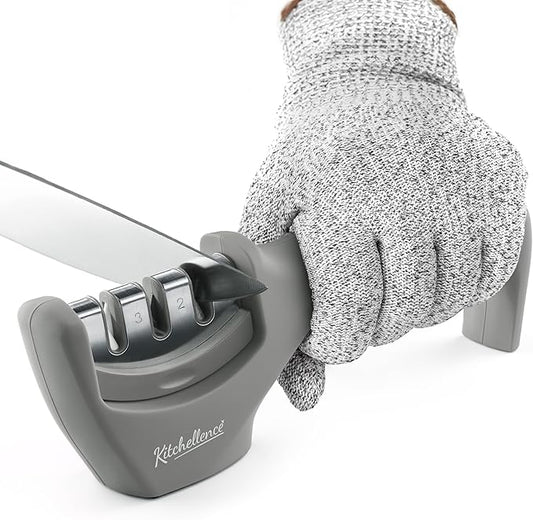 4-in-1 Kitchen Knife Accessories: 3-Stage Knife Sharpener Helps Repair, Restore and Polish Blades and Cut-Resistant Glove by KITCHELLENCE
