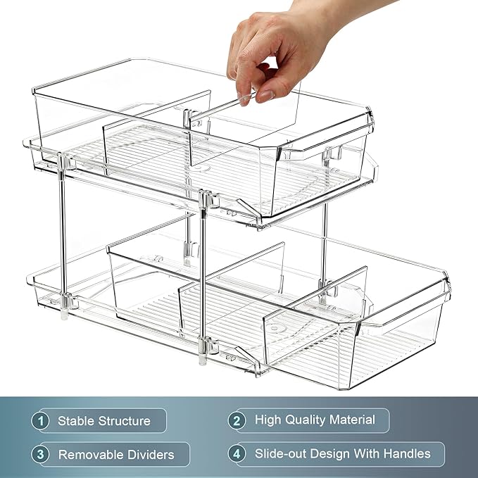 2 Tier Clear Organizer with Dividers for Cabinet, Shlef, Counter - MultiUse Slide-Out Storage Container - Kitchen, Pantry, Medicine Cupboard Bins, Bathroom, Vanity Makeup, Under Sink Organizing - Image 9