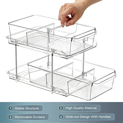 2 Tier Clear Organizer with Dividers for Cabinet, Shlef, Counter - MultiUse Slide-Out Storage Container - Kitchen, Pantry, Medicine Cupboard Bins, Bathroom, Vanity Makeup, Under Sink Organizing - Image 9