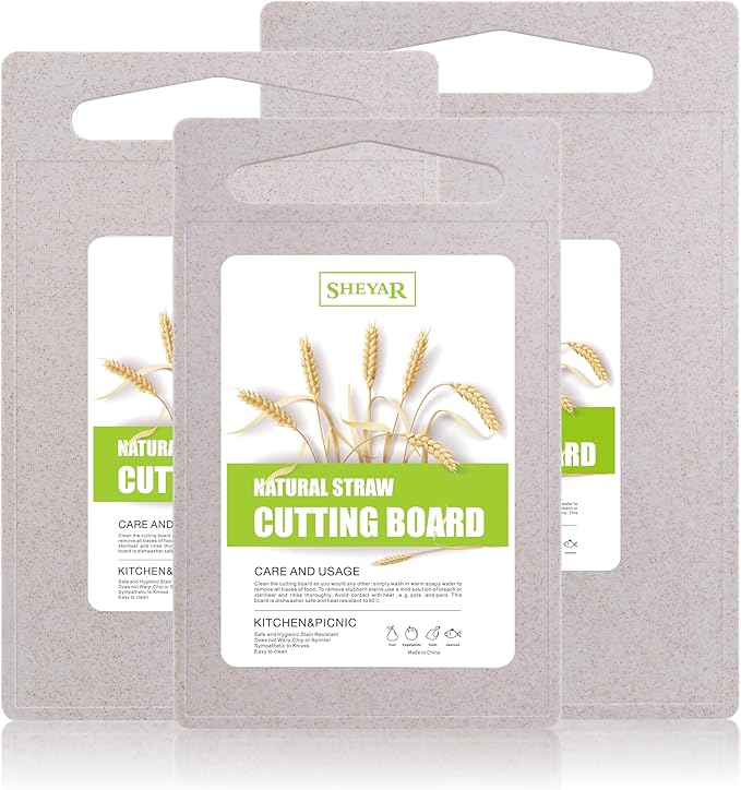 3PCS Cutting Board for Kitchen, Wheat Straw Fiber Cutting Board, Dish Washer Safe, w/Juice Grooves for Meat, Veggies, Easy Grip Handle, Non-slip Surface, Eco-friendly（XS+M+XL）