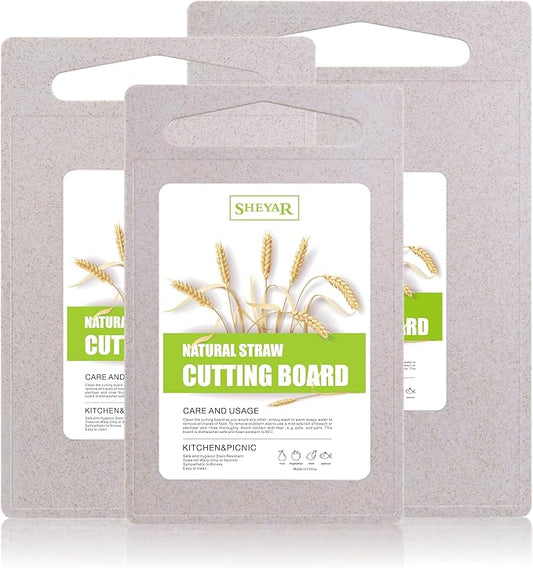 3PCS Cutting Board for Kitchen, Wheat Straw Fiber Cutting Board, Dish Washer Safe, w/Juice Grooves for Meat, Veggies, Easy Grip Handle, Non-slip Surface, Eco-friendly（XS+M+XL）