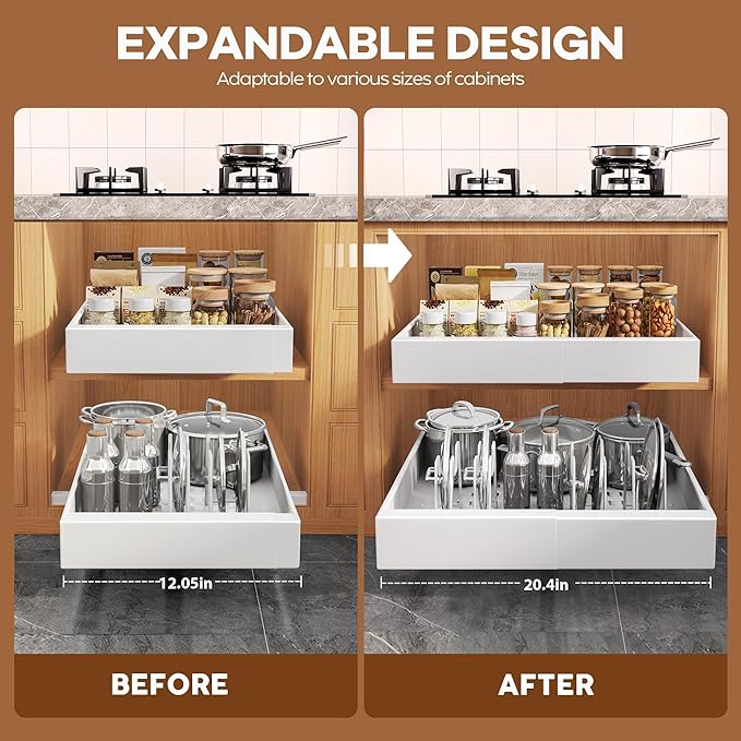 Seinloes 4Pack Expandable Pull Out Cabinet Organizer 21"Deep with Raising Pad for Framed Cabinets,Slide Out Drawers with 4pcs Divider Racks,Roll Out Shelves Adhesive,Adjustable Width 12.05"-20.4"White - Image 3