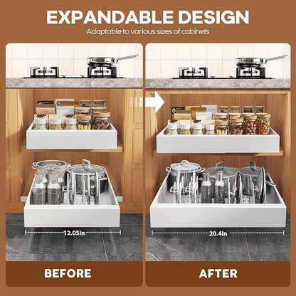 Seinloes 6Pack Expandable Pull Out Cabinet Organizer 21"Deep With Raising Pad for Framed Cabinets,Slide Out Drawers with 4pcs Divider Racks,Roll Out Shelves Adhesive,Adjustable Width 12.05"-20.4"White - Image 3