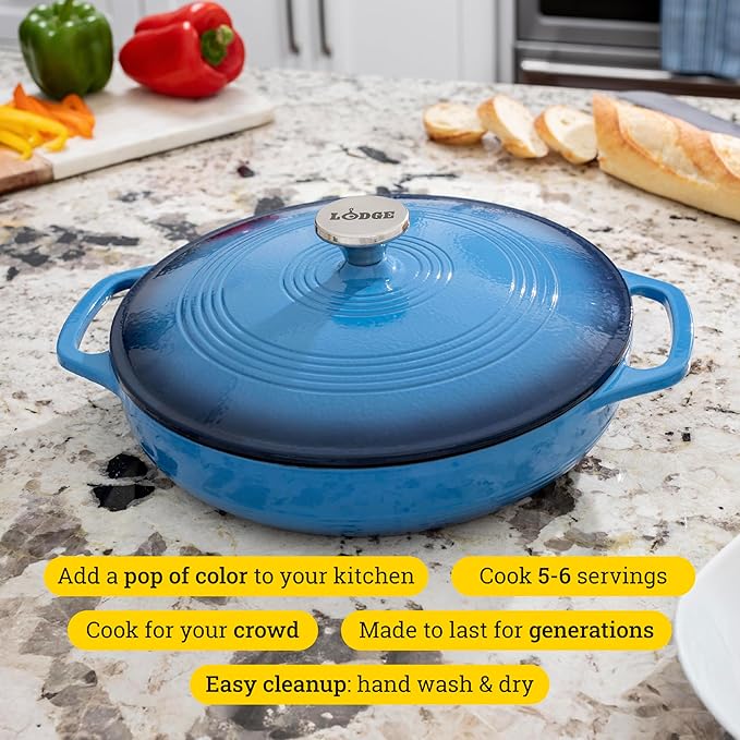 Lodge Essential Enamel Braiser - Refrigerator- & Oven-Safe up to 500° F - Heat-Retaining, Induction-Safe & PFAS-Free Enamel Cookware - 3.5 Quart, Caribbean Blue - Image 2