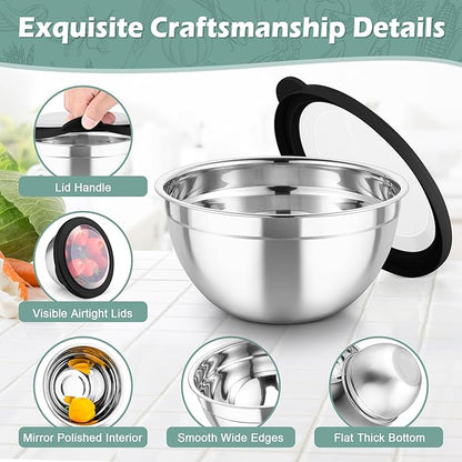TeamFar Mixing Bowls, 3PCS Stainless Steel Serving Salad Bowls with Lids & 3 Graters, For Kitchen Mixing/Baking/Storing/Prepping, Visible & Airtight, Easy Clean - 4.5/3 / 1.5 QT, Black - Image 5