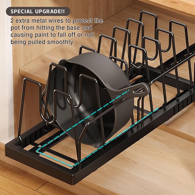 Magheo Pots and Pans Organizer Under Cabinet, 22" Deep Expandable Pull Out Pot Lid Organizer and Storage with 10 Adjustable Dividers No Drill Pot and Pan Holder Rack with Handle Bracket(1 Pack,Black) - Image 8
