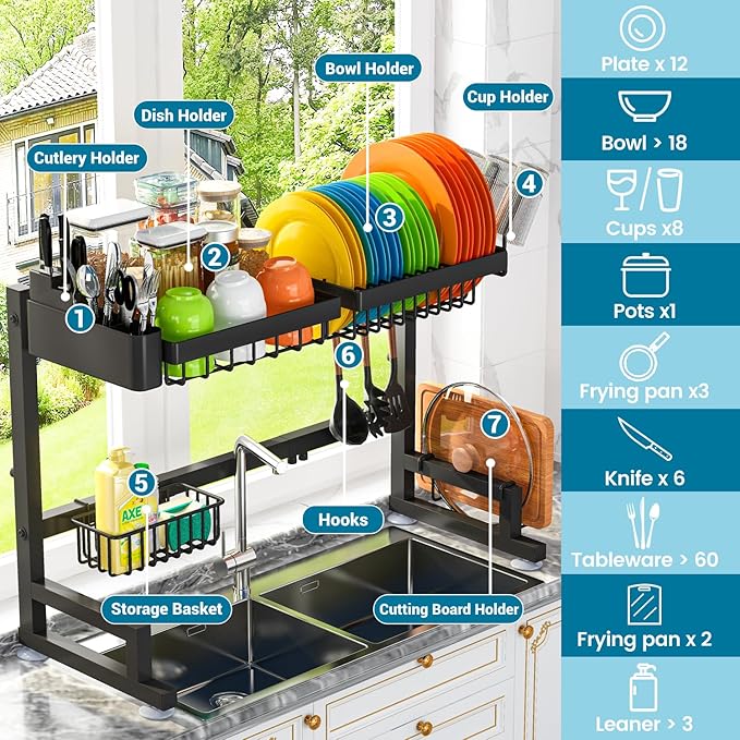 ADBIU 【Fit Sink 24.5"- 32" L 2023 Version Over Sink Dish Drying Rack (Expandable Dimension) Snap-On Design 2 Tier Large Kitchen Dish Rack Stainless Steel Counter Organization and Storage - Image 2