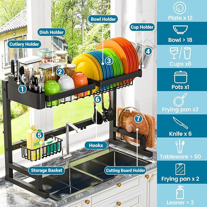 ADBIU 【Fit Sink 24.5"- 32" L 2023 Version Over Sink Dish Drying Rack (Expandable Dimension) Snap-On Design 2 Tier Large Kitchen Dish Rack Stainless Steel Counter Organization and Storage - Image 2