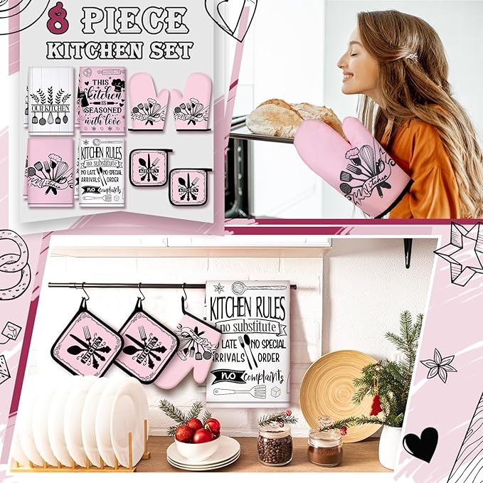 Leinuosen 8 Pcs Kitchen Towels and Oven Mitts Sets Pot Holders Dishcloths Set Kitchen Decorative Accessories Absorbent Potholders Heat Resistant for Chef Baking Cooking - Image 2