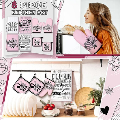 Leinuosen 8 Pcs Kitchen Towels and Oven Mitts Sets Pot Holders Dishcloths Set Kitchen Decorative Accessories Absorbent Potholders Heat Resistant for Chef Baking Cooking - Image 2