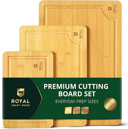ROYAL CRAFT WOOD Wooden Cutting Boards for Kitchen Meal Prep & Serving - Bamboo Wood Serving Board Set with Deep Juice Groove Side Handles - Charcuterie & Chopping Butcher Block for Meat by RoyalCraftWood
