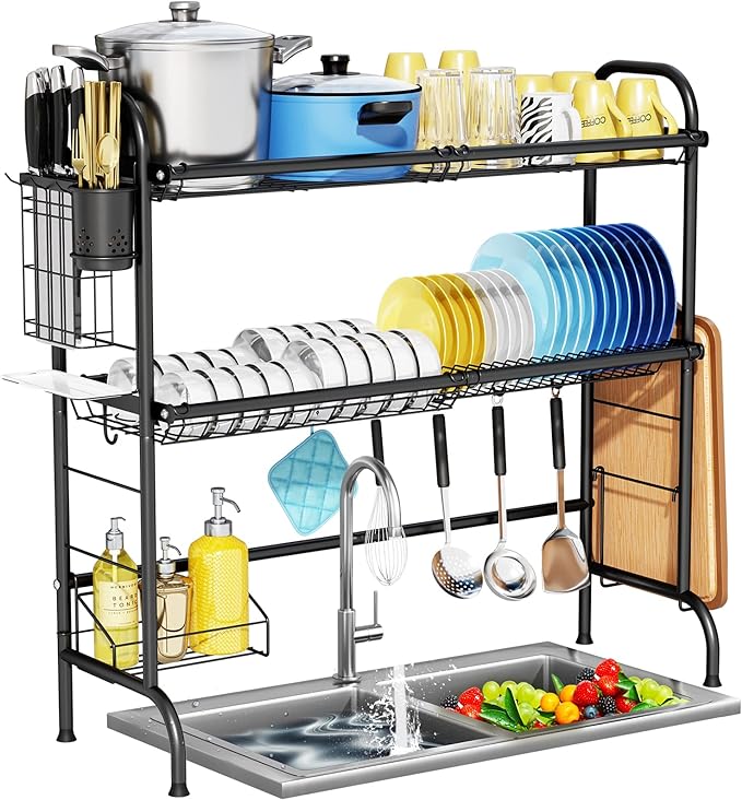 HOWDIA 3-Tier Over The Sink Dish Drying Rack,Stainless Steel Dish Rack with Cutlery Holder & Chopping Board Rack, 33.9” x 11.4” x 32.3” for Maximum Kitchen Storage（Black） by HOWDIA