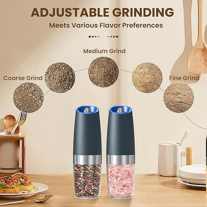 Gravity Electric Salt And Pepper Grinder Set, Automatic Salt And Pepper Grinder Set, Battery Powered (6 AAA Batteries Each), Adjustable Roughness, LED Light, 2 Pack, (Grey) - Image 3