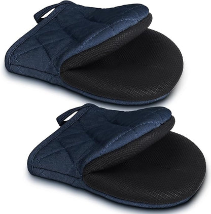 1 Pair Short Oven Mitts - Silicone Kitchen Oven Gloves High Heat Resistant 500℉, Mini Oven Mits with Non-Slip Grip Surfaces and Hanging Loop for BBQ, Baking, Cooking and Grilling (Dark Blue) by Qulable