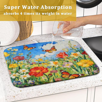 Cute Floral Dish Drying Mat Small for Kitchen Counter 16x18, Spring Summer Decorative Absorbent Reversible Microfiber Kitchen Countertop Protector Dishes Drainer Pad, Watercolor Flower Butterfly - Image 7