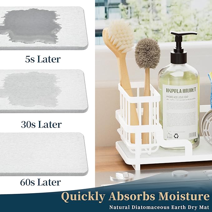 Consumest Sponge Holder for Kitchen Sink - Sink Caddy Organizer with Water Absorbing Stone Tray, Detachable Brush Holder, Stainless Steel Kitchen Counter Organizer Rack, White - Image 2