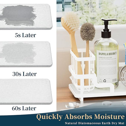 Consumest Sponge Holder for Kitchen Sink - Sink Caddy Organizer with Water Absorbing Stone Tray, Detachable Brush Holder, Stainless Steel Kitchen Counter Organizer Rack, White - Image 2