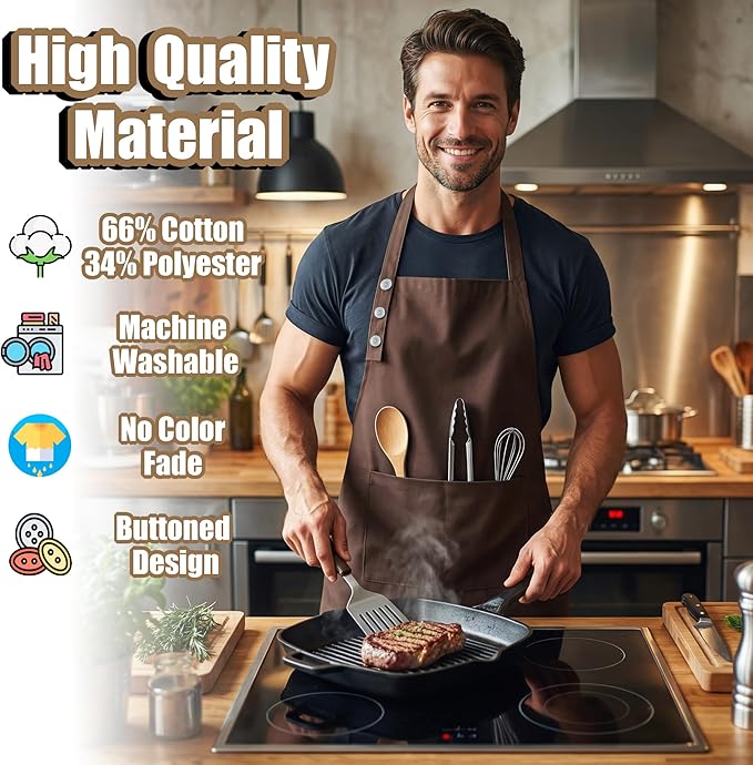 TOSHE Kitchen Apron Waterdrop Resistant Cotton Apron with adjustable Aprons for Women with Pockets 12 Color option Cooking Brown Apron (Brown) - Image 3