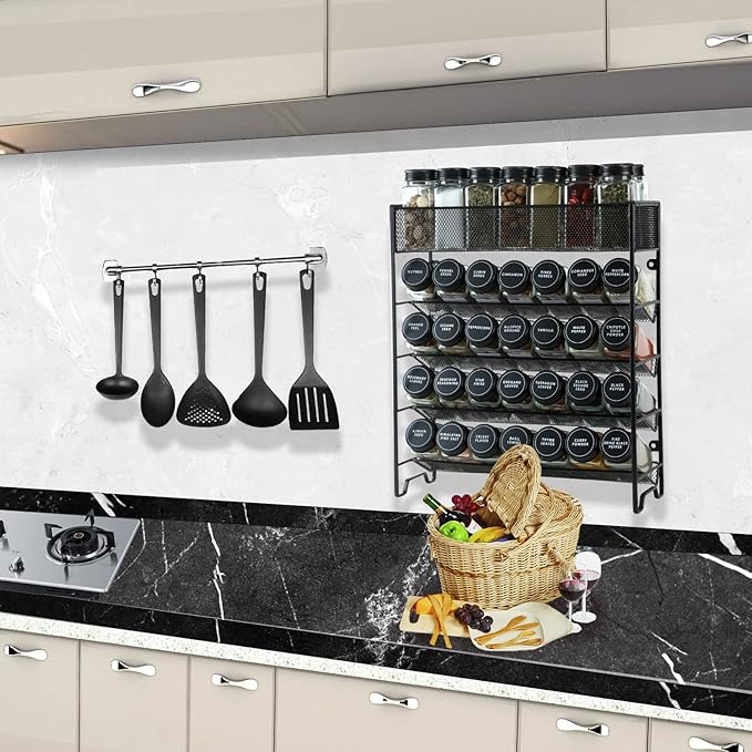Skiileor Spice Rack Organizer with 28 Spice Jars, Black Lids，Spice Labels, Chalk pen and Funnel Set for Cabinet, Countertop, Pantry, Cupboard or Wall Mount - Image 6