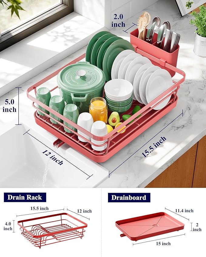 Kitsure Dish Drying Rack for Kitchen Counter, Stainless Steel Sink Organization and Storage Essentials with Cutlery Holder, Home and Appartment Decor, 12''W x 15.5''L, Red - Image 2