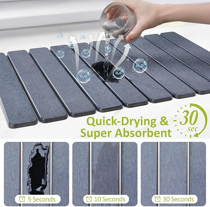 Large Stone Dish Drying Mat for Kitchen Counter, 24"(L)×16"(W), Collapsible Quick Dry Stone Dish Mats, Super Absorbent Diatomaceous Earth Drying Pad for Dishes Bottles Cups, Countertops (Black Grey) - Image 4