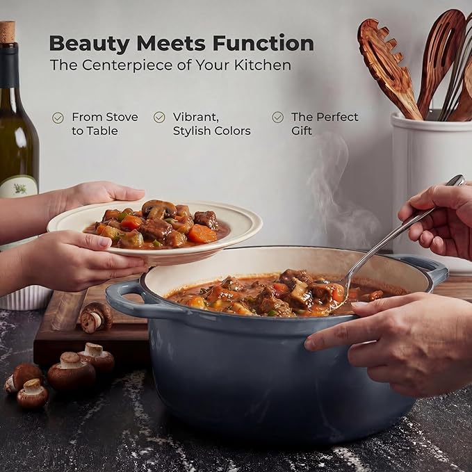 Zulay Kitchen 7.7 Quart Enameled Cast Iron Dutch Oven Pot with Lid – Premium Durability & Oven Safe up to 500°F – Heavy Duty Cookware Perfect for Bread Baking, Stews, Braising & Roasting – Gray - Image 7