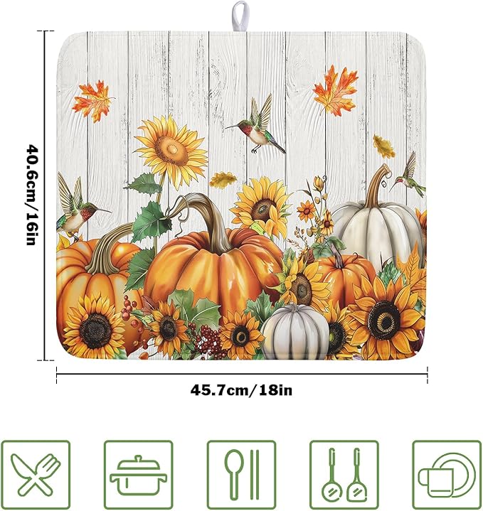 Fall Sunflower Maple Leaves Dish Drying Mat for Kitchen Counter Autumn Harvest Pumpkin Dish Drying Mat 16”x18” Thanksgiving Dishes Pad Dish Drainer Rack Mats Absorbent Fast Dry Kitchen Accessories