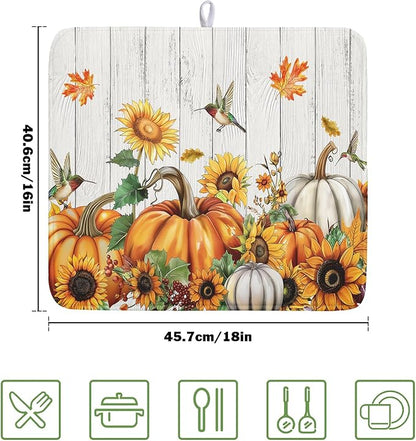 Fall Sunflower Maple Leaves Dish Drying Mat for Kitchen Counter Autumn Harvest Pumpkin Dish Drying Mat 16”x18” Thanksgiving Dishes Pad Dish Drainer Rack Mats Absorbent Fast Dry Kitchen Accessories