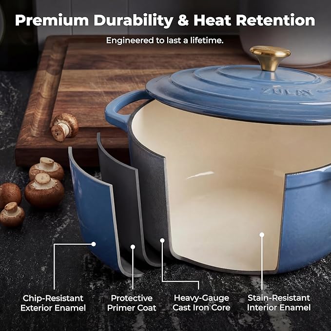 Zulay Kitchen 6 Quart Enameled Cast Iron Dutch Oven Pot with Lid – Premium Durability & Oven Safe up to 500°F – Heavy Duty Cookware Perfect for Bread Baking, Stews, Braising & Roasting - Aquamarine - Image 5
