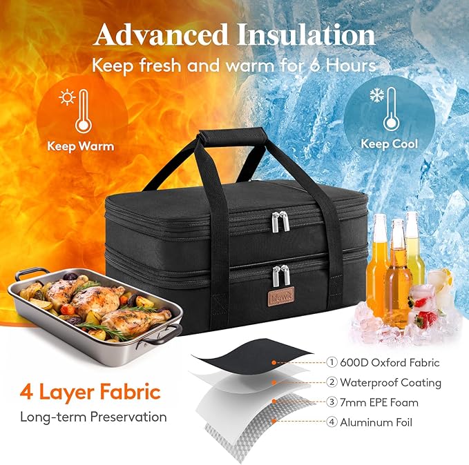 Lifewit Insulated Double Decker Casserole Carrier, Expandable Lasagna Lugger Tote Bag for Hot or Cold Food, Fits 9" x 13" Baking Dish for Potluck Parties, Picnic and Cookouts, Black