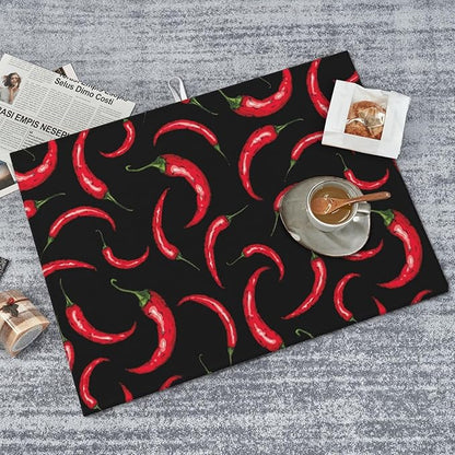 Chili Pepper Dish Drying Mat Red Hot Chili Pepper Black Drying Rack Pad Countertop Dishes Ultra Absorbent Microfiber Kitchen Counter Mat 18x24 Inch