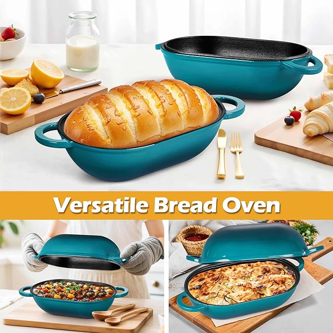Homikit Enameled Cast Iron Dutch Oven for Bread Baking, 2.8 QT Oval Bread Oven Pot with Lid, 9.5 x 5.7 Inch Sourdough Loaf Baking Pan for Homemade Bread, Heavy Duty & Oven Safe, Dark Green