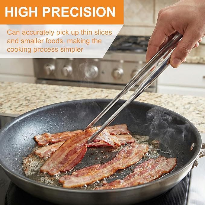 Stainless Steel Kitchen Tongs 2 Set, Non-Slip Serrated Tips, One-Piece Metal Cooking Tongs for Grilling, Plating, BBQ & Baking (11.5” & 13.5”)