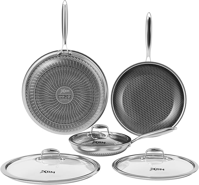 Nonstick Frying Pan Set, 8+10+12 Inch, Honeycomb Stainless Steel Skillet Pans Set, PFOA-Free Scratch-Proof, Dishwasher & Oven Safe, Compatible with All Cooktops