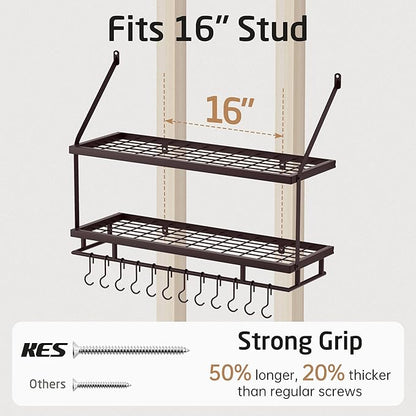 KES 30-Inch Oiled Bronze Pot Rack Wall Mounted, 2-Tier Hanging Pot and Pan Organizer with 12 Sturdy Hooks, Kitchen Wall Hanger Shelves Farmhouse Style, KUR215S75B-OB - Image 7
