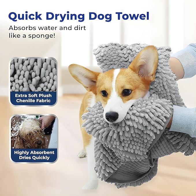 Muddy Mat Doggy Dryer, Highly Absorbent Microfiber Washable Dog Shammy Quick Drying Towel Absorber - Extra Soft Plush Wrap Chenille Bath Towels to Dry Soggy Large Pets & Small Puppy-Grey 15"x38" - Image 2