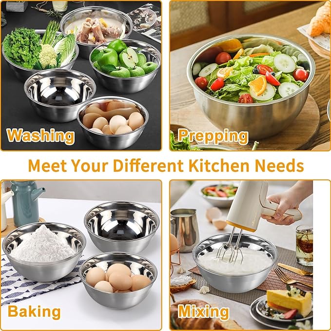 WEPSEN Mixing Bowls with Lid Set, 25PCS Kitchen Utensils Metal Bowl Stainless Steel Nesting Bowls, Measuring Cups and Spoons, Egg Whisk for Baking Prepping Cooking Serving Supplies - Image 3
