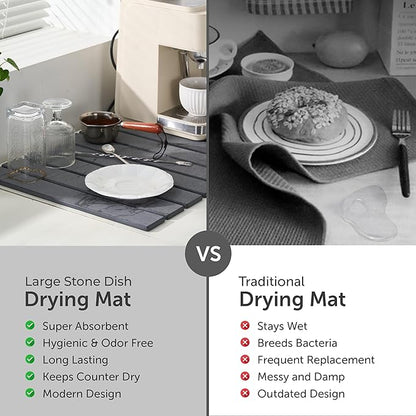 Large Stone Dish Drying Mat for Kitchen Counter, Quick Dry Stones Dishes Mats,Stone Drying Mat for Kitchen Counter, Water Absorbing Diatomaceous Earth Drying Mat (Dark Gray 24"×16" & 8"x4")