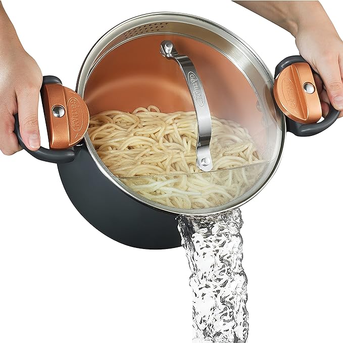Gotham Steel 5 Quart Stock Pot Multipurpose Pasta Pot with Strainer Lid & Twist and Lock Handles, Nonstick Ceramic Surface Makes for Effortless Cleanup with Tempered Glass Lid, Dishwasher Safe by GothamSteel