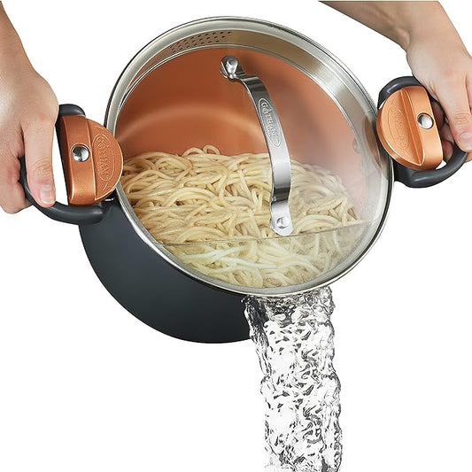 Gotham Steel 5 Quart Stock Pot Multipurpose Pasta Pot with Strainer Lid & Twist and Lock Handles, Nonstick Ceramic Surface Makes for Effortless Cleanup with Tempered Glass Lid, Dishwasher Safe by GothamSteel