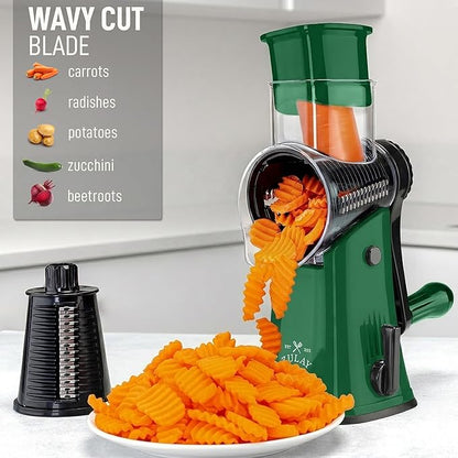 Zulay Kitchen Rotary Cheese Grater 5 Blade Cheese Shredder - Manual Hand Crank Cheese Grater With Reinforced Suction & 5 Interchangeable Drums - Easy to Use, Vegetable Chopper Round Mandoline Slicer - Image 4
