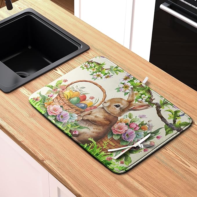 Happy Easter Bunny Kitchen Dish Drying Mat for Dishes 18x24 Inch Spring Colorful Floral Flower Basket Drying Mats Easter Eggs Dish Drainer Mat Super Absorbent Dish Rack Pad for Coffee Bar Sinks - Image 6