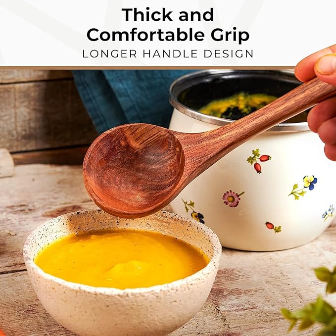 Wooden Ladle for Cooking, Soup Spoon Ladle – Teak Wooden Serving Spoon, 12.4″ Handle, Medium Scoop Size 2 oz – Eco Friendly, Natural and Sustainable - Image 5