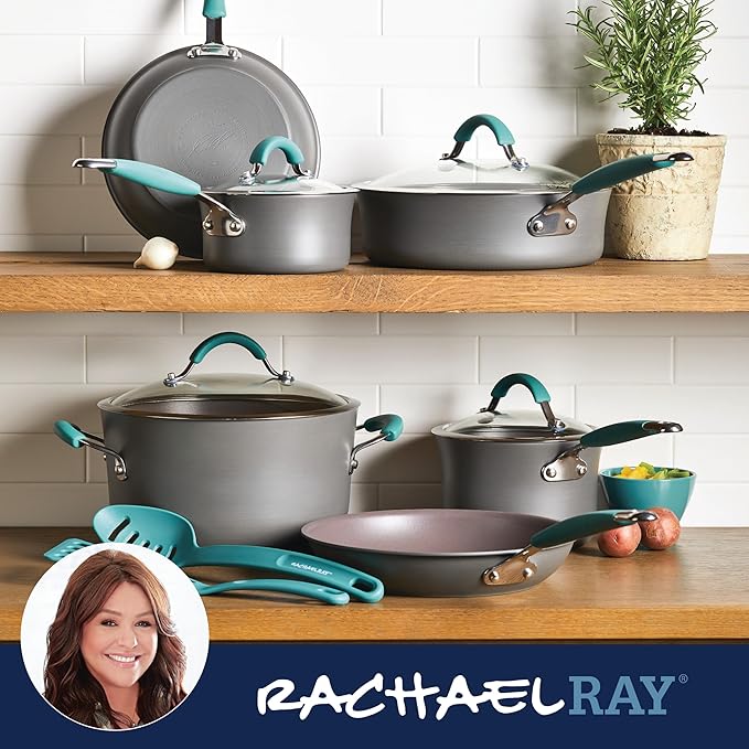 Rachael Ray Cucina Hard Anodized Nonstick Cookware Pots and Pans Set, 12 Piece, Gray with Blue Handles - Image 7