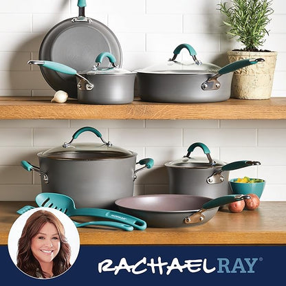 Rachael Ray Cucina Hard Anodized Nonstick Cookware Pots and Pans Set, 12 Piece, Gray with Blue Handles - Image 7