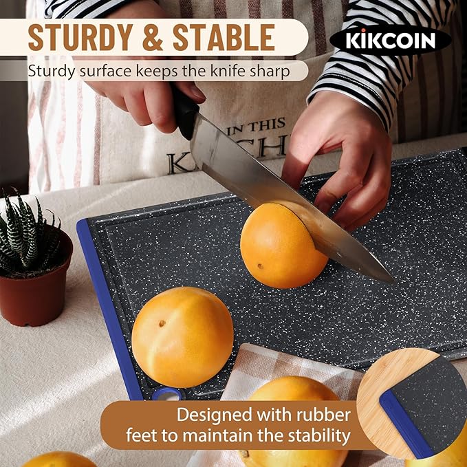 Kikcoin Plastic Cutting Boards for Kitchen, 3-Piece Large Cutting Board Set Dishwasher Safe Chopping Boards with Non-slip Feet and Juice Grooves, Blue - Image 4