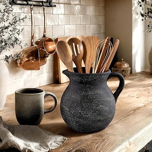 Potchen Rustic Kitchen Utensil Holder with Handle,7.48" H Ceramic Vintage Utensil Crock for Countertop, Farmhouse Kitchen Decoration Ceramic Pot for Spatulas Spoons Tongs(Classic,Antique Black Gold) - Image 6