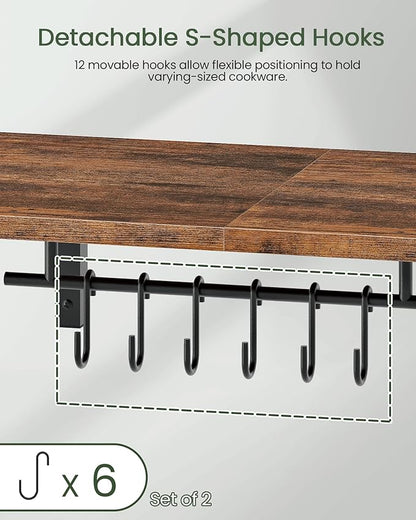 CHOEZON Wall-Mounted Pot Racks, Set of 2 Hanging Pot Rack, Floating Shelves, Vintage Pot Hangers for Kitchen, 2-Tier Hanging Shelves for Kitchen Storage, Rustic Brown and Black TPR27P2BF