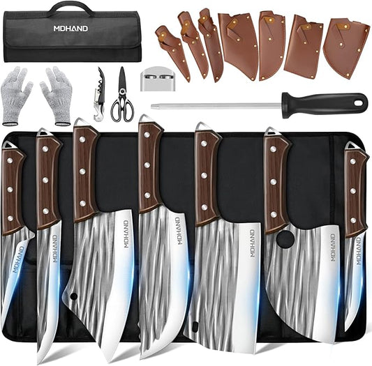 MDHAND Butcher Knife Set, 14PCS Hand Forged Serbian Chef Knife Set with Roll Bag, Heavy Duty Meat Cleaver Knives, Boning Knife, Meat Cutting Knife for Home Kitchen & Camping BBQ, Gifts for Men Women